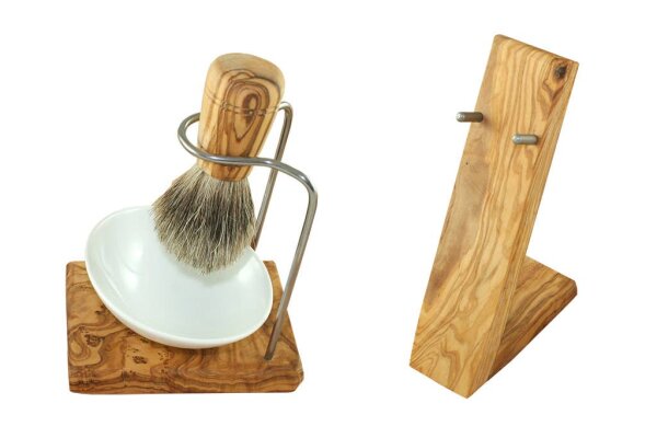 Rasierset DESIGN PLUS 4teilig aus Olivenholz mit Porzell